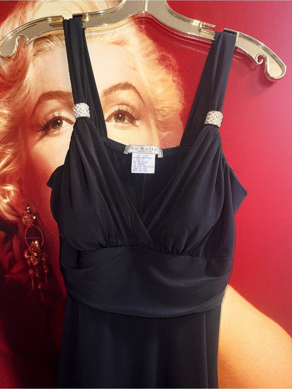La Belle Black Slip Dress with Rhinestone-Strap Detail